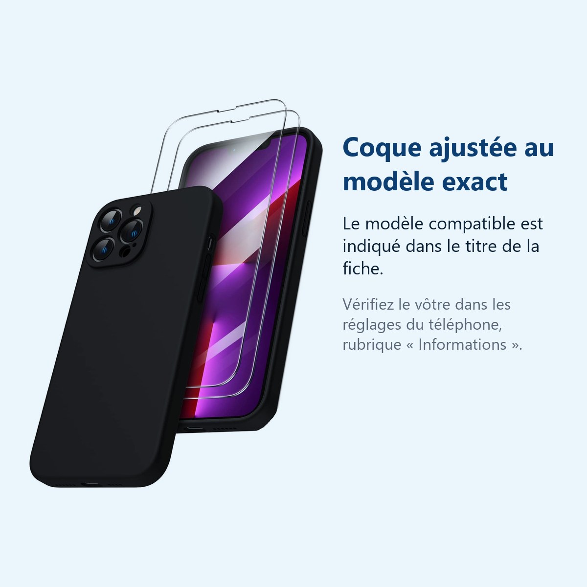 Accessoire ajusté au modèle exact – Coque Noir pour iPhone 13 Pro Max (6,7 pouces) et 2 Verres Trempé Film Protection Ecran