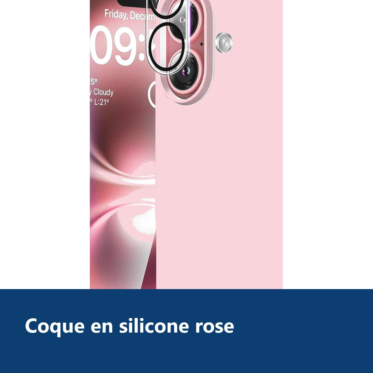 Vue de détail – Coque Silicone Rose + Verre Trempé et Protection Caméra Arrière Pour iPhone 16 Plus