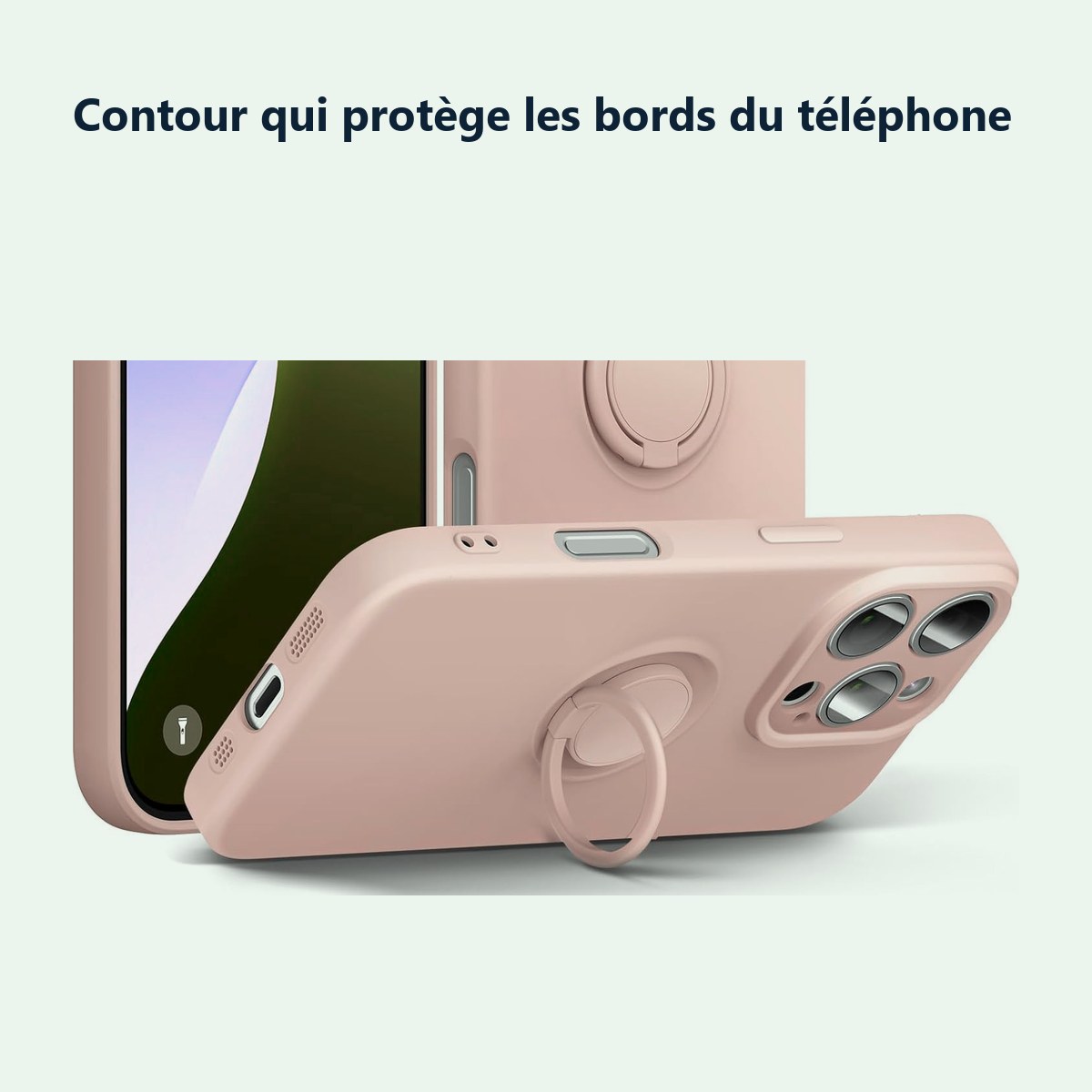 Contour qui protège les bords – Coque Silicone Pour iPhone 16 Pro Max Couleur Rose Avec Anneau Support
