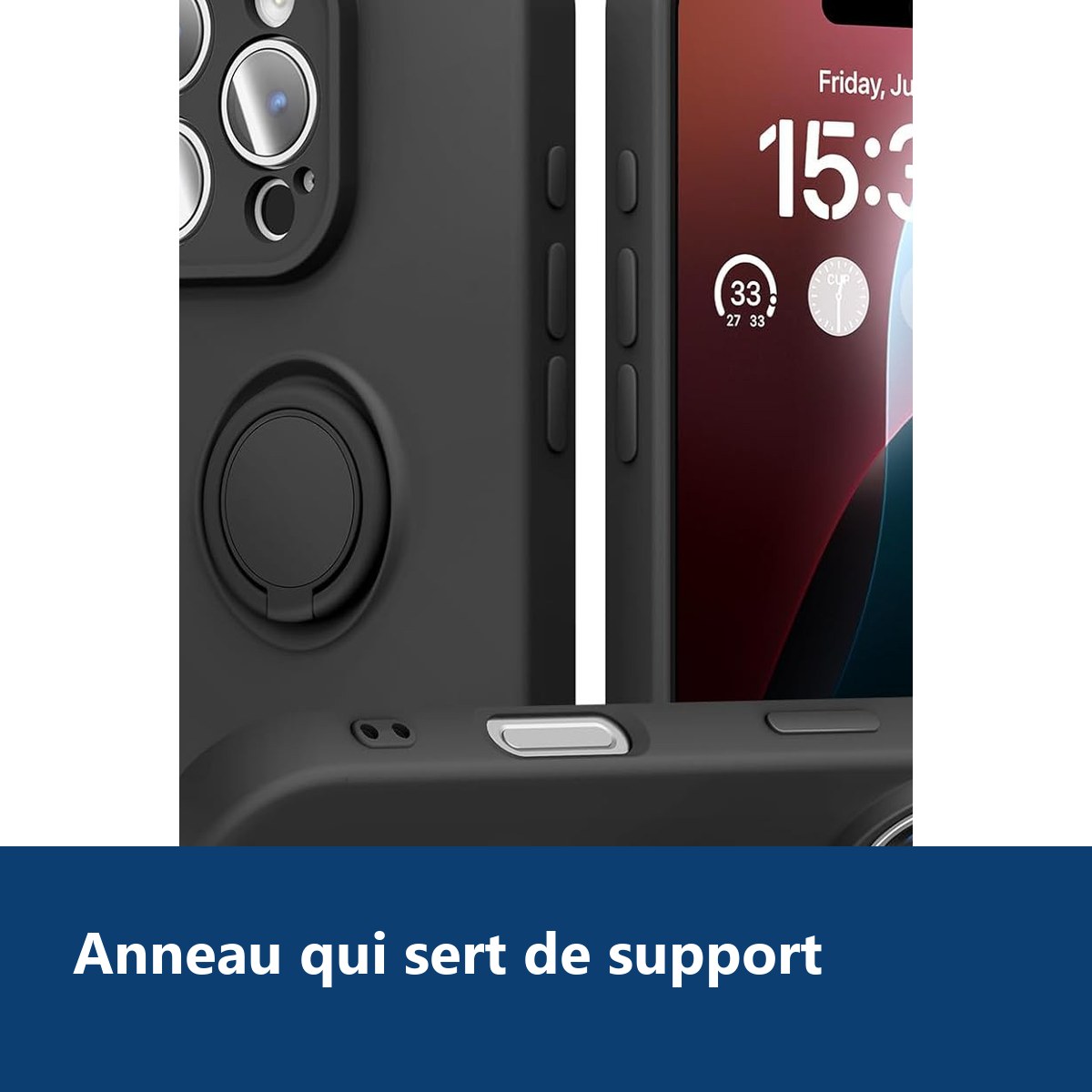 Vue de détail – Coque Silicone Pour iPhone 16 Pro Max Couleur Noir Avec Anneau Support