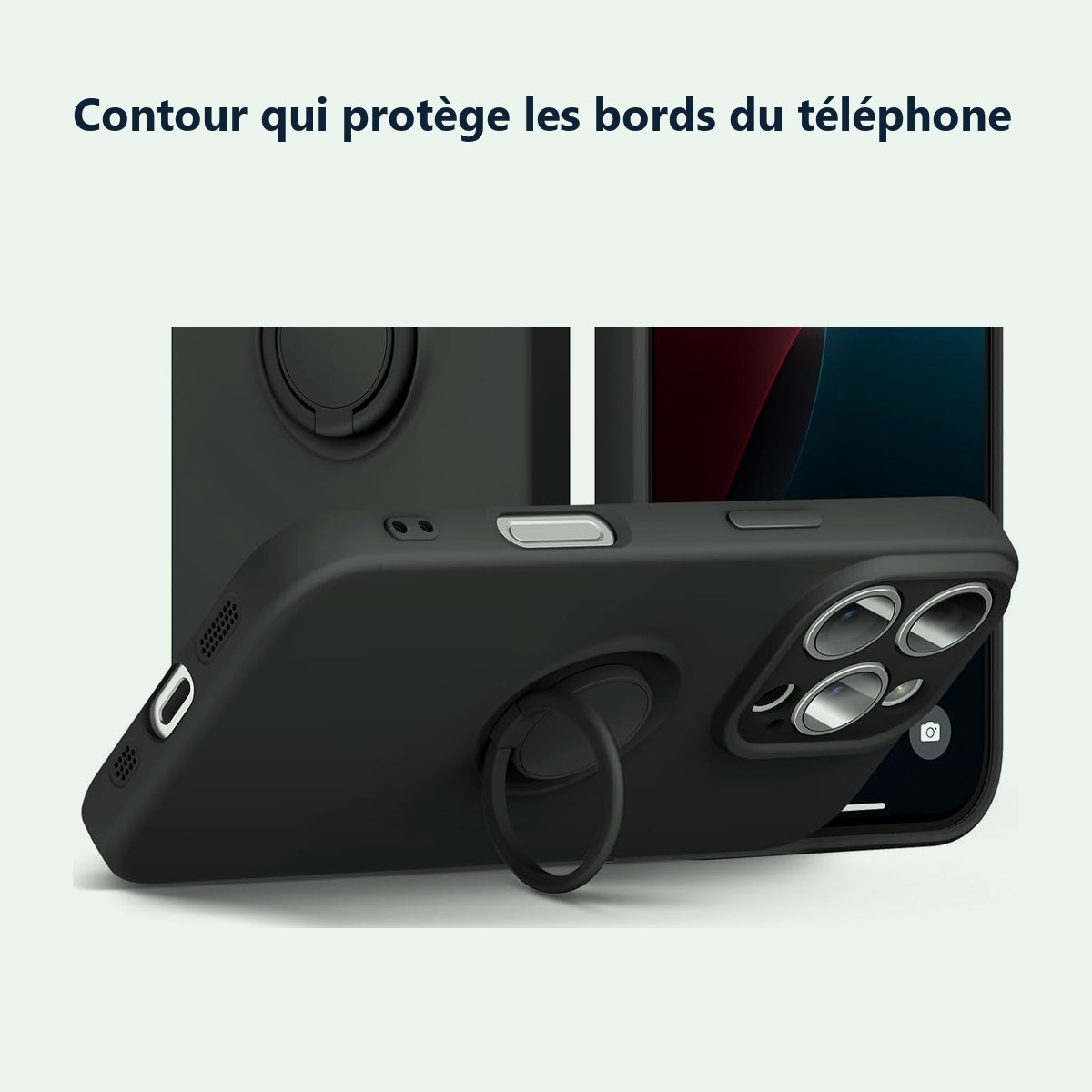 Contour qui protège les bords – Coque Silicone Pour iPhone 16 Pro Max Couleur Noir Avec Anneau Support