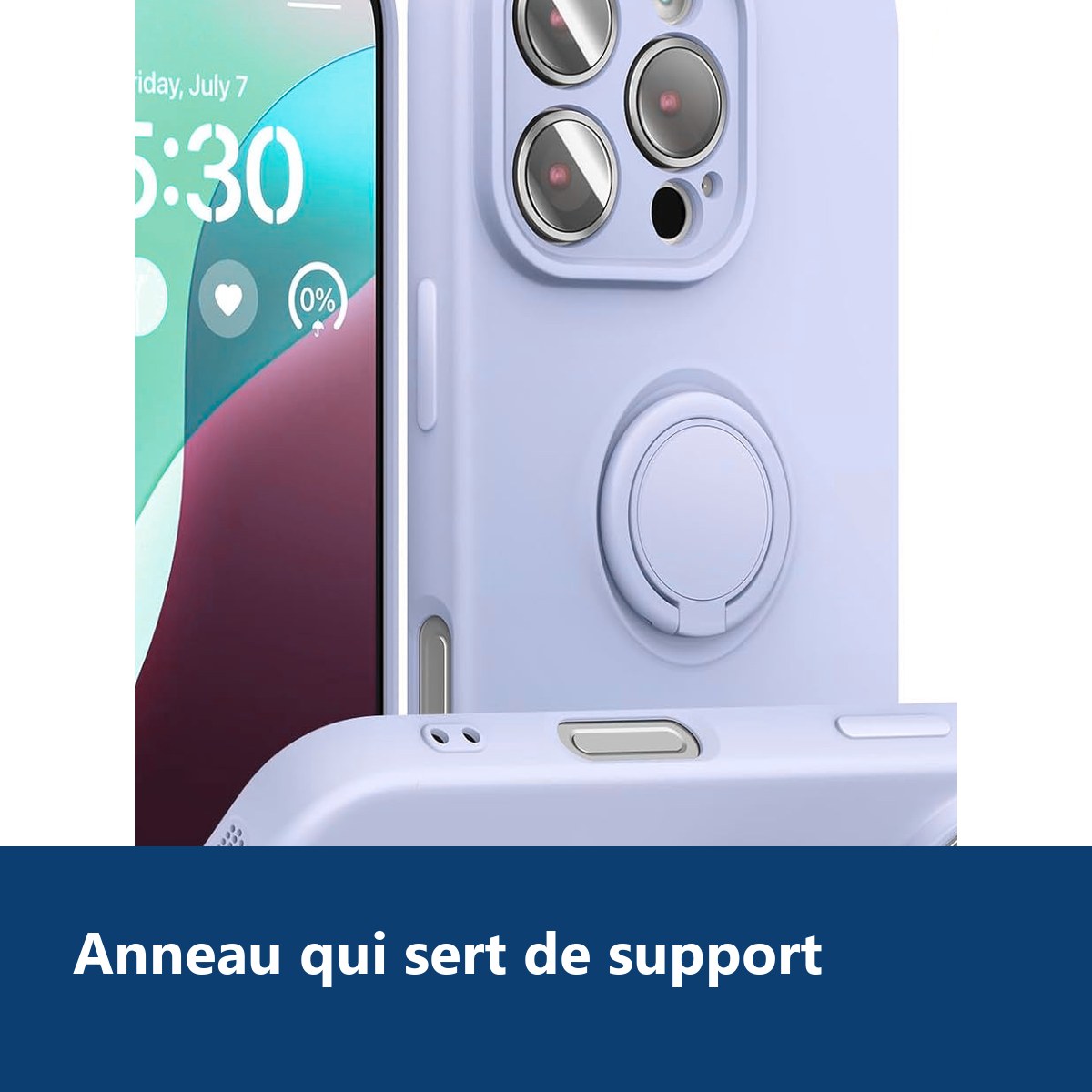 Vue de détail – Coque Silicone Pour iPhone 16 Pro Couleur Violet Avec Anneau Support