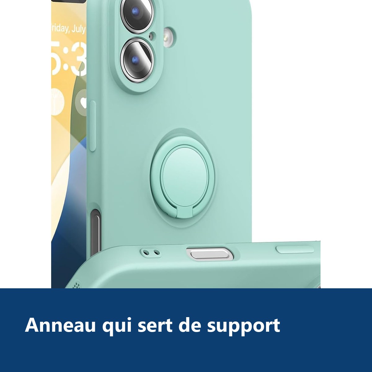 Vue de détail – Coque Silicone Pour iPhone 16 Plus Couleur Vert Avec Anneau Support + Verre Trempé Protection Écran