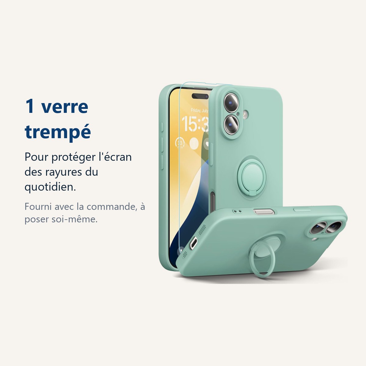 Verre trempé pour protéger lécran – Coque Silicone Pour iPhone 16 Plus Couleur Vert Avec Anneau Support + Verre Trempé Prote