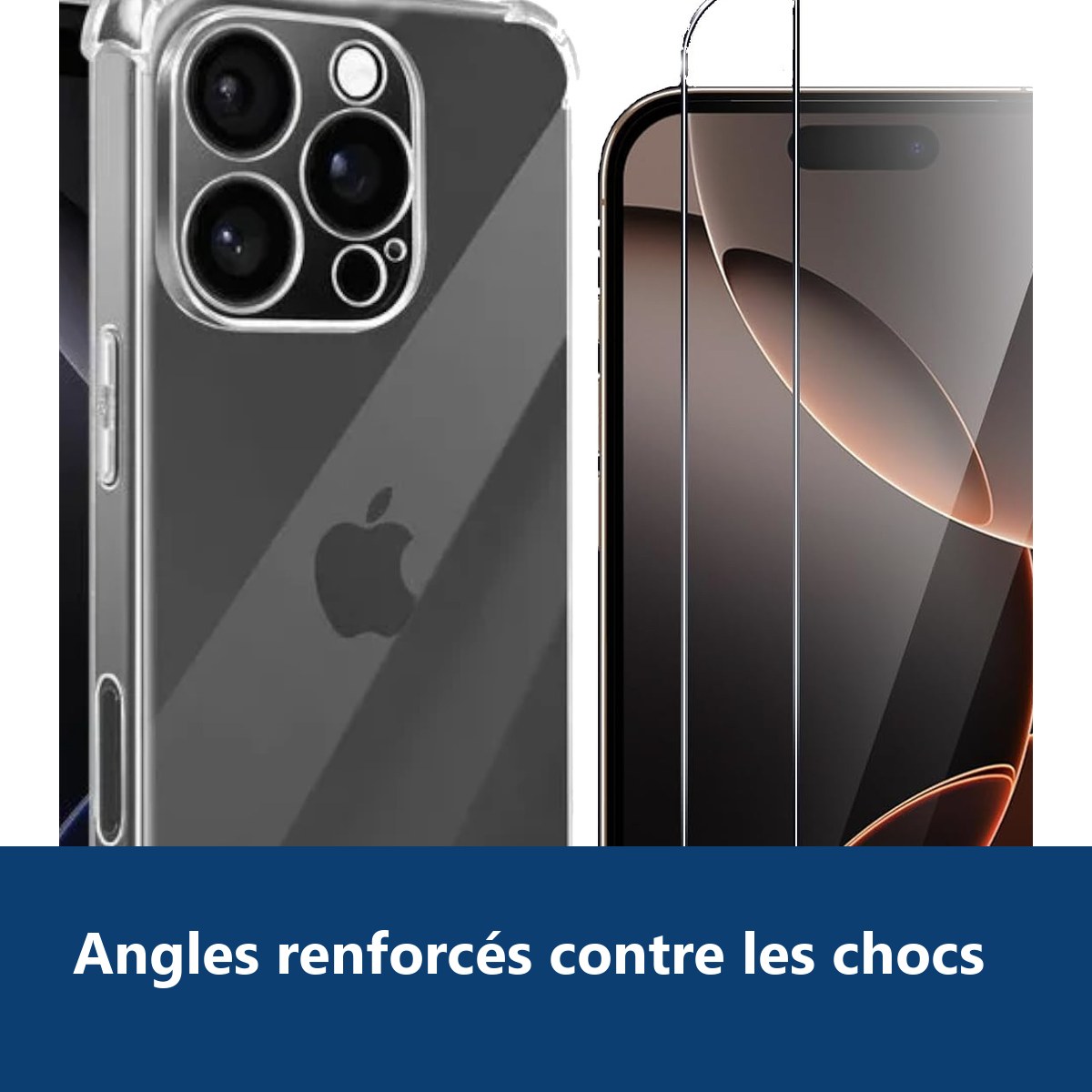 Vue de détail – Coque Pour iPhone 16 Pro Max Silicone Transparente Angles Renforcés + 2 Verres Trempés