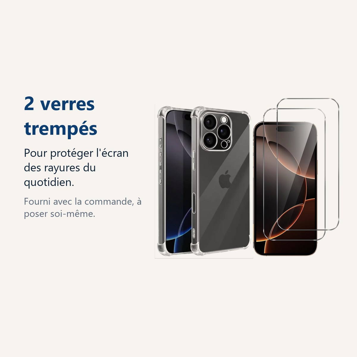 Verre trempé pour protéger lécran – Coque Pour iPhone 16 Pro Max Silicone Transparente Angles Renforcés + 2 Verres Trempés