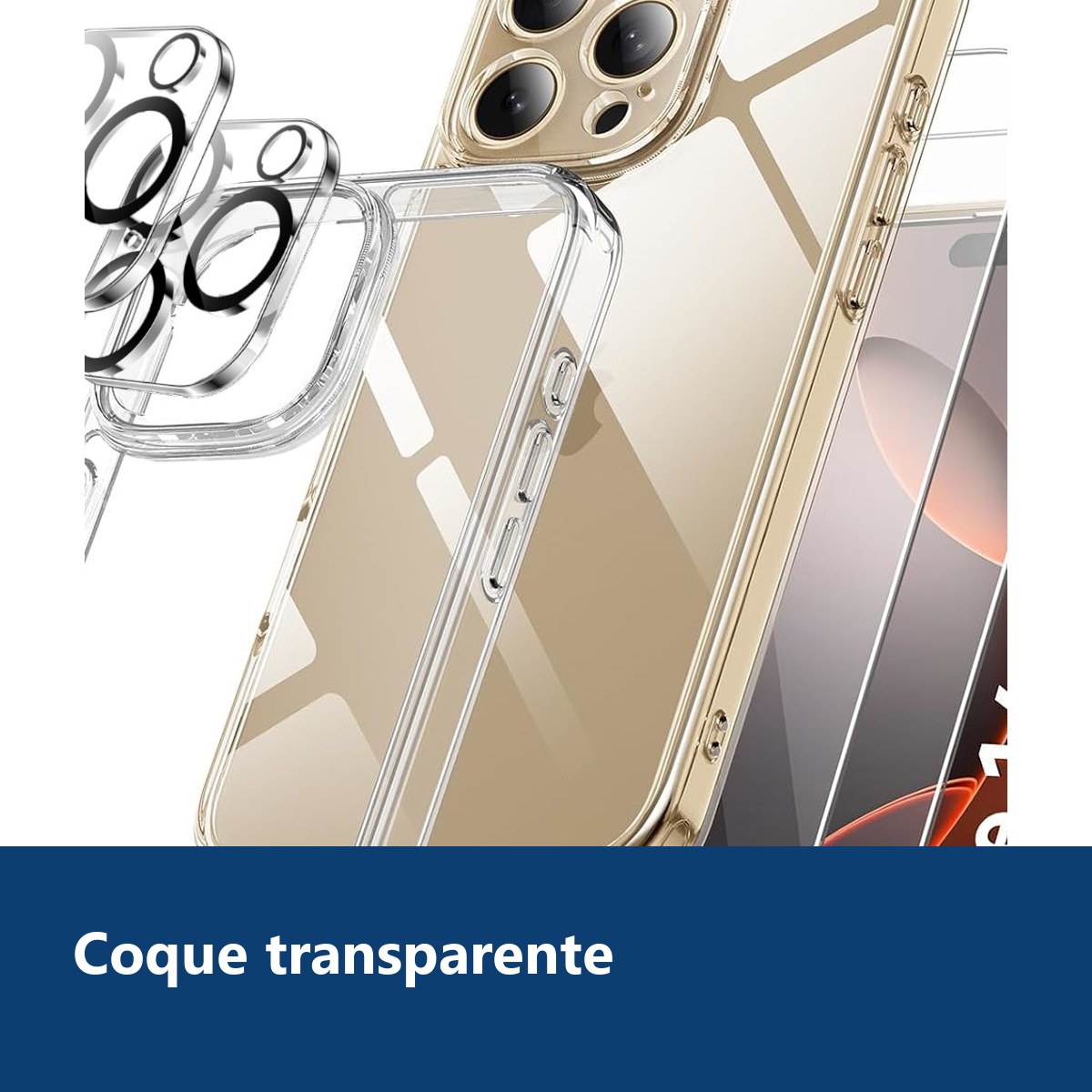 Vue de détail – Coque Silicone Transparente + Verres Trempés et Protections Caméra Arrière X2 Pour iPhone 16 Pro