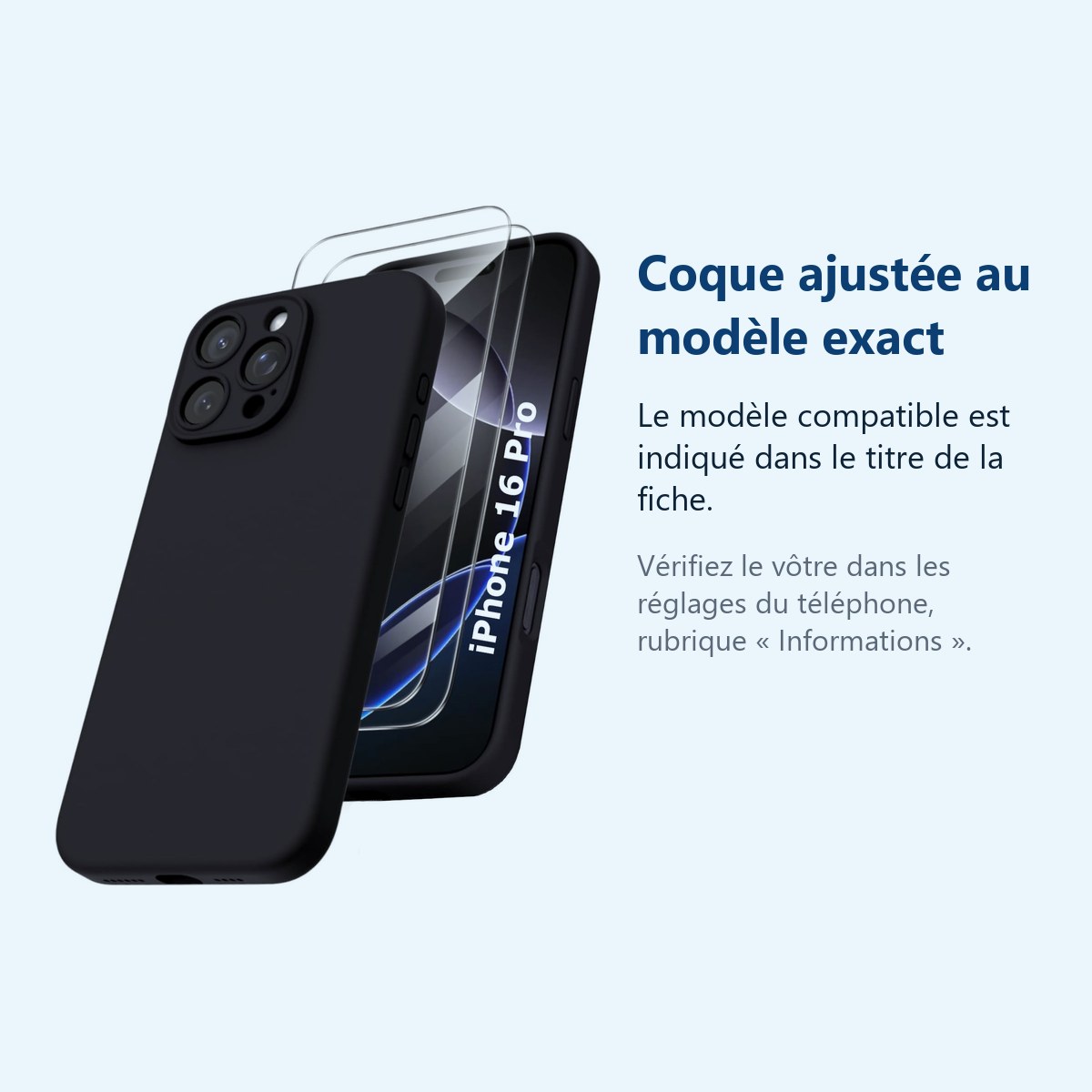 Accessoire ajusté au modèle exact – Coque Silicone Noir + 2 Verres Trempés Pour iPhone 16 Pro
