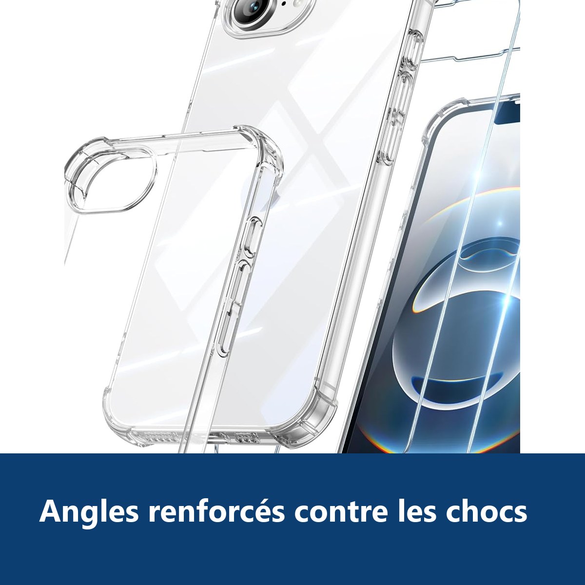 Vue de détail – Coque Pour iPhone 16e Silicone Transparente Angles Renforcés + 2 Verres Trempés