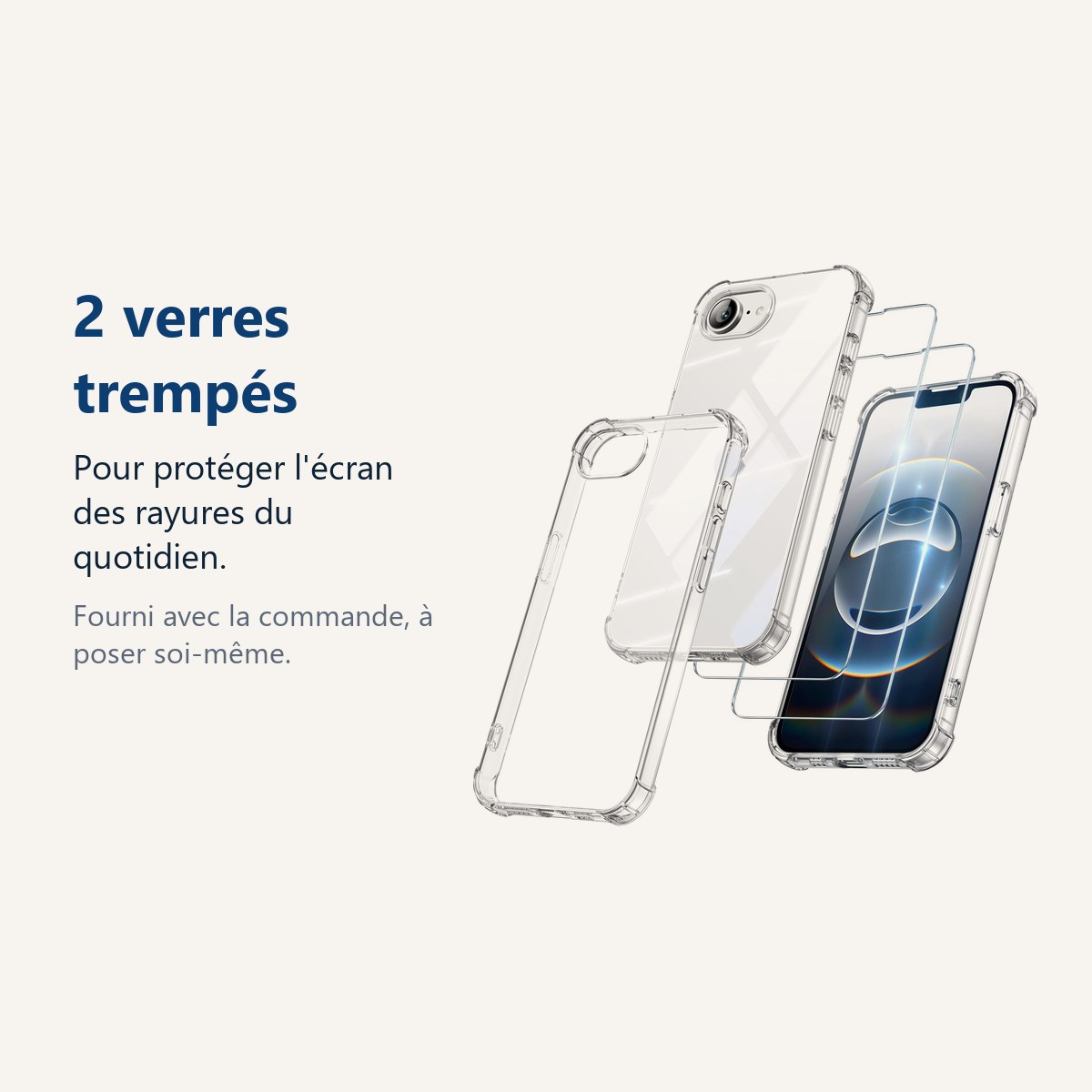 Verre trempé pour protéger lécran – Coque Pour iPhone 16e Silicone Transparente Angles Renforcés + 2 Verres Trempés