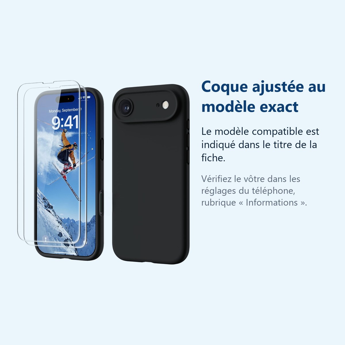 Accessoire ajusté au modèle exact – Coque Pour iPhone 17 Air Silicone Noir + 2 Verres Trempés
