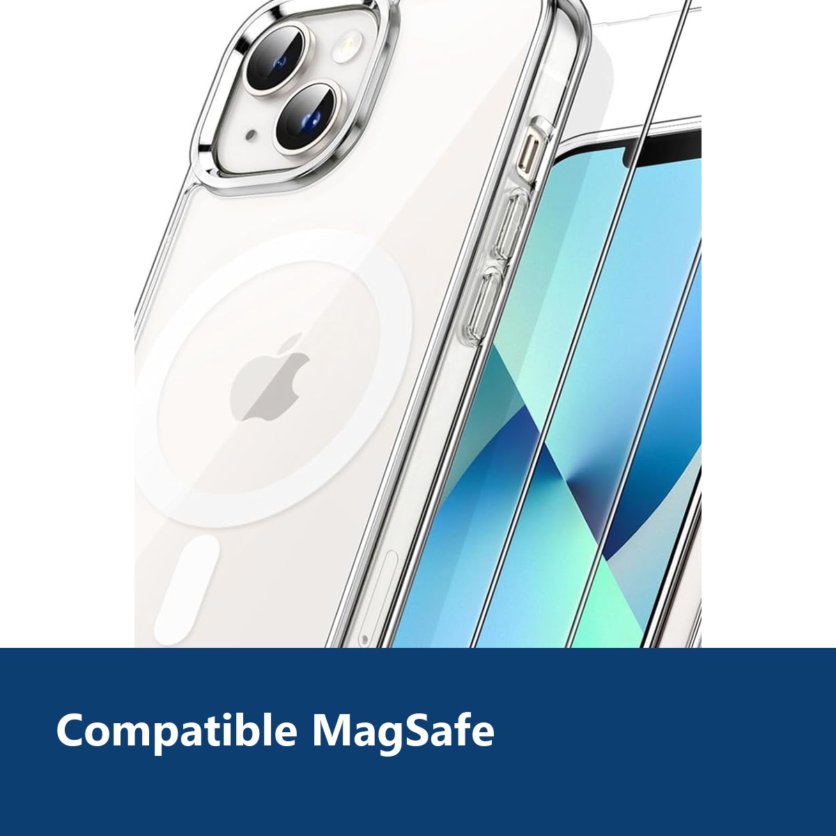 Vue de détail – Coque Silicone Transparente Compatible Magsafe + Verres Trempés X2 Pour iPhone 13 Mini