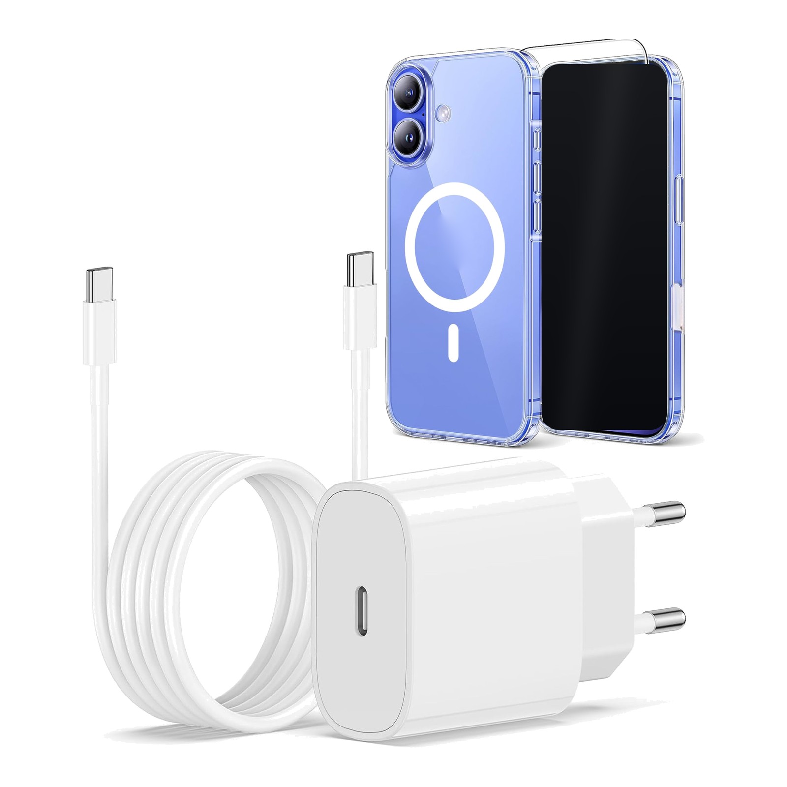 Kit accessoires Little Boutik pour iPhone : coque MagSafe, verre trempé, chargeur et câble, sur fond blanc