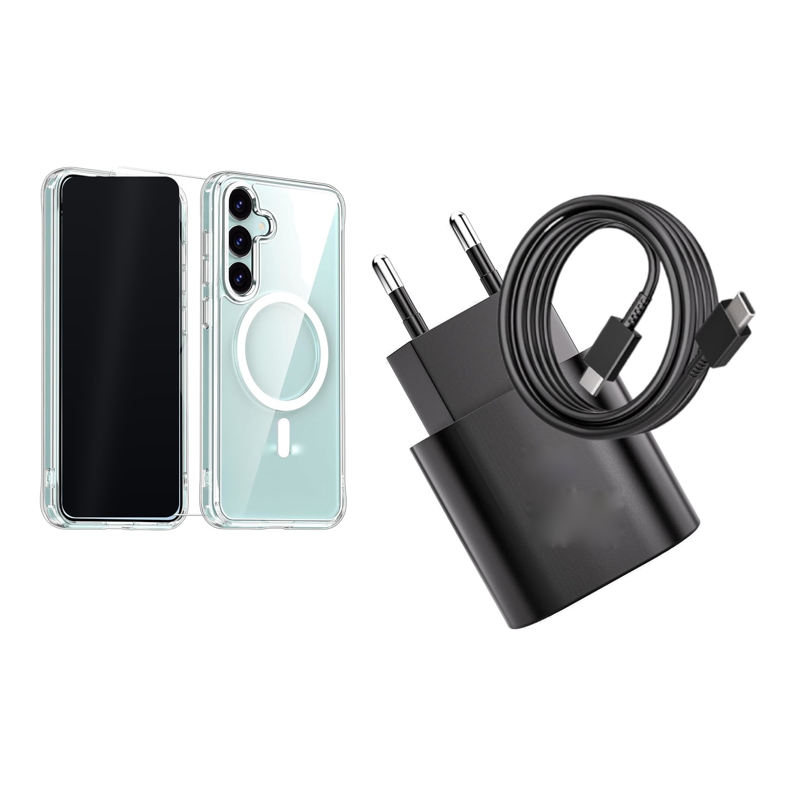 Kit accessoires Little Boutik pour Samsung Galaxy : coque MagSafe, verre trempé, chargeur et câble, sur fond blanc