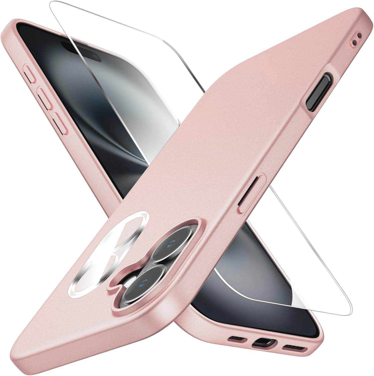 Coque Silicone Rose + Verres Trempes Et Protections Camera Arriere X2 Pour Iphone 16 Pro Max Little Boutik R