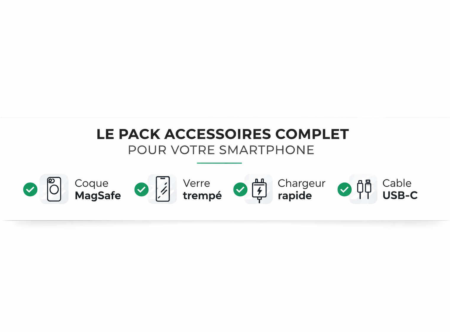 Pack accessoires smartphone complet : coque MagSafe, verre trempé, chargeur rapide et câble USB-C