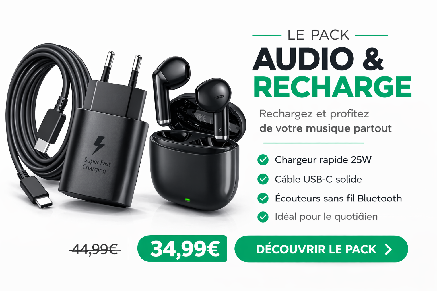 Pack chargeur cable USB-C et ecouteurs sans fil bluetooth noir accessoires smartphone