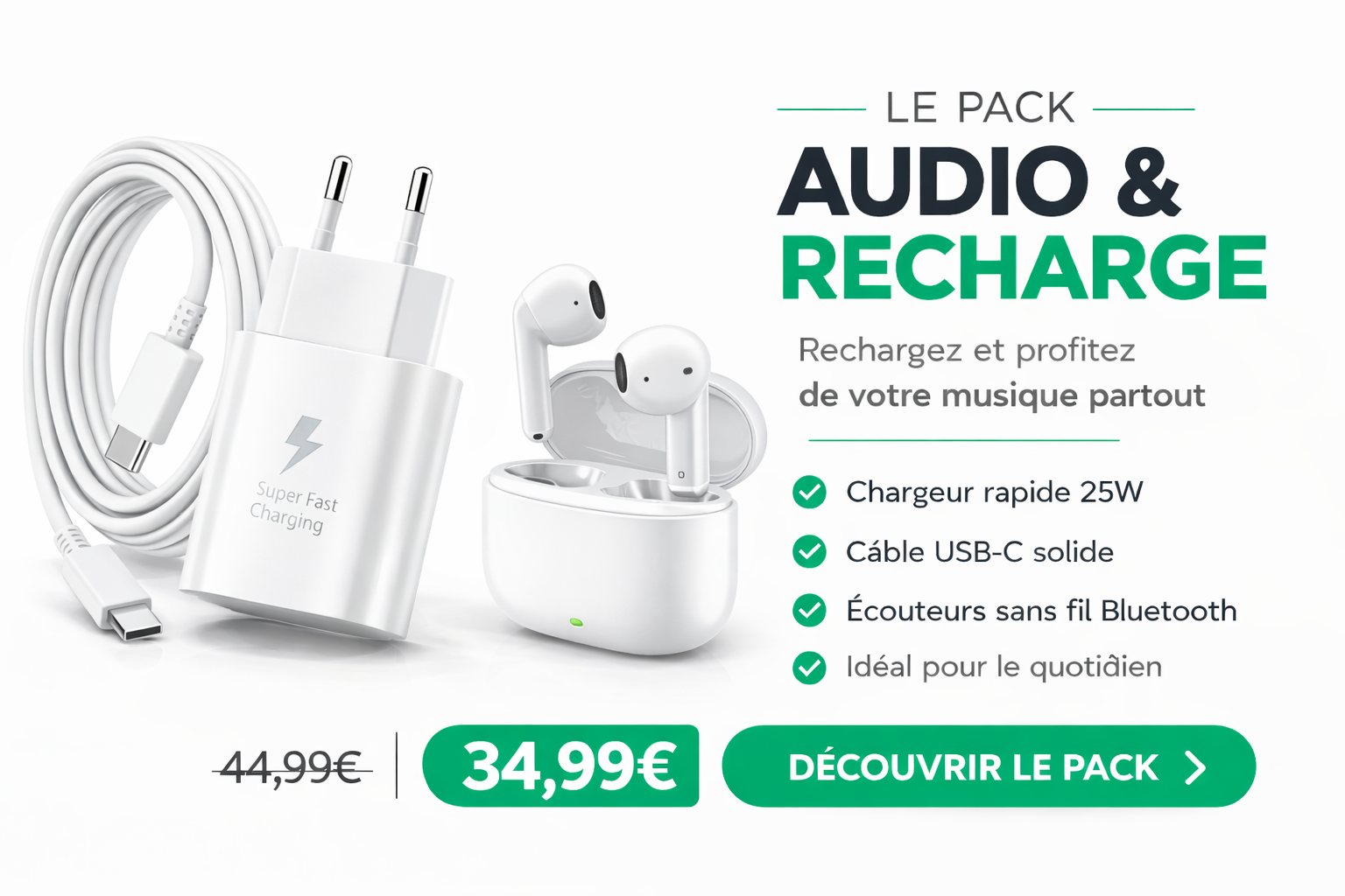 Pack chargeur cable USB-C et ecouteurs sans fil bluetooth blanc accessoires smartphone