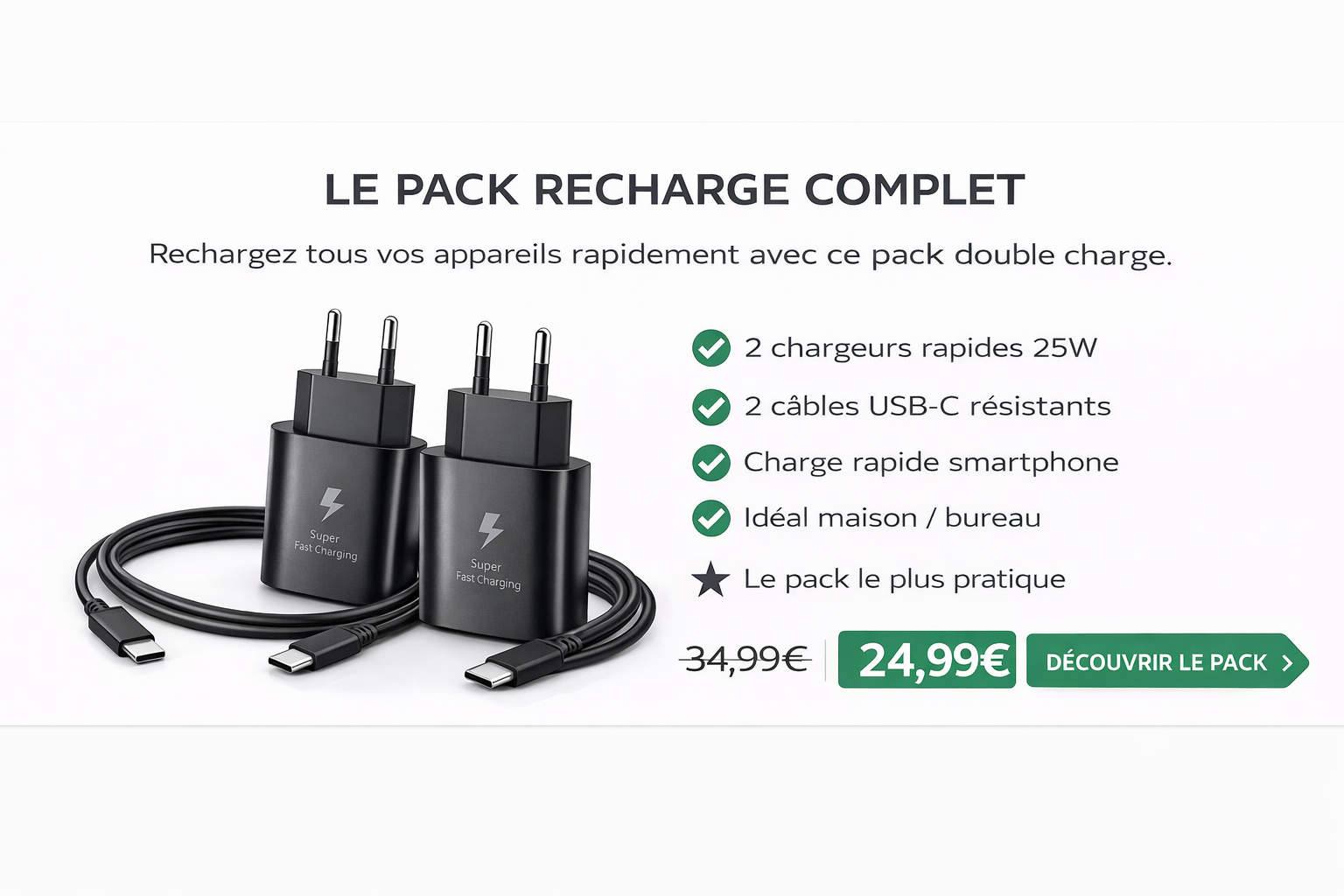 Pack 2 chargeurs rapides 25W avec 2 câbles USB-C noirs pour smartphone