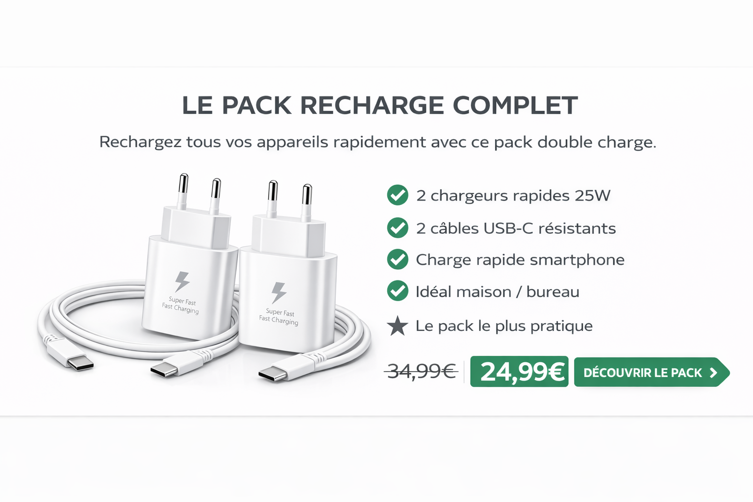 Pack 2 chargeurs rapides 25W avec 2 câbles USB-C blancs pour smartphone
