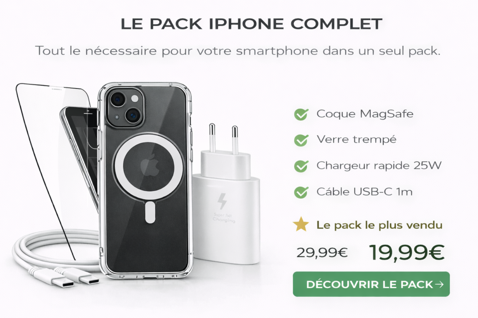 Pack accessoires iPhone complet coque MagSafe verre trempé chargeur rapide câble USB-C