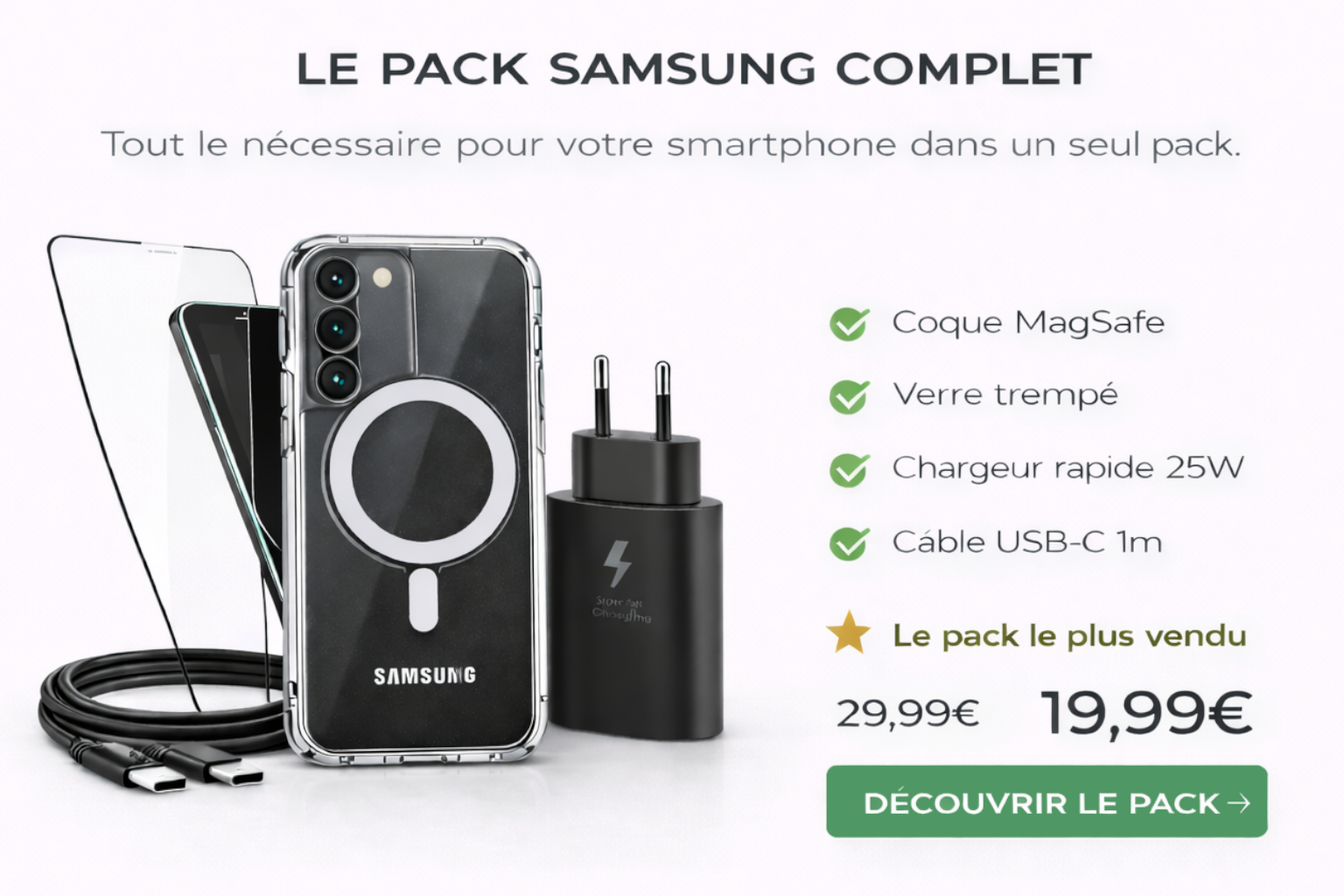 Pack accessoires Samsung complet coque MagSafe verre trempé chargeur rapide câble USB-C