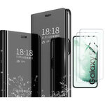 pour-samsung-s22-coque-rabat-mirroir-noir-verre-trempe-x2