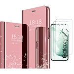 pour-samsung-s22-coque-rabat-mirroir-rose-verre-trempe-x2