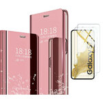 pour-samsung-s22-plus-5g-coque-rabat-mirroir-rose-vitre-protection-x2