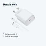 Contenu du colis – Chargeur Rapide 20W + Cable USB-C Lightning pour iPhone 13 / 12 / 11 / PRO / MAX / MINI