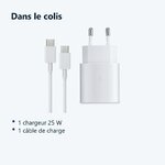 Contenu du colis – Chargeur Blanc Rapide 25W + Cable USB C pour Samsung S25 / S25 Plus / S25 Ultra / S24 FE / Z Flip 6 / A16