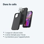 Contenu du colis – Coque Silicone Noir + Verres Trempes et Protections Camera Arriere X2 Pour iPhone 13 Pro
