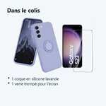 Contenu du colis – Coque Silicone Pour Samsung S23 5G Couleur Lavande Avec Anneau Support + Verre Trempe Protection Ecran