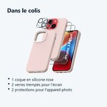 Contenu du colis – Coque Silicone Rose + Verres Trempes et Protections Camera Arriere X2 Pour iPhone 14 Plus