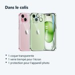 Contenu du colis – Coque Silicone Transparente + Verre Trempe et Protection Camera Arriere Pour iPhone 15