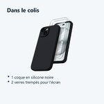 Contenu du colis – Coque Pour iPhone 15 Plus Silicone Noir + 2 Verres Trempes