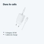 Contenu du colis – Chargeur Rapide 30W + Cable USB-C Blanc pour iPhone 16 / 16 PLUS / 16 PRO / 16 PRO MAX / 15 / 15 PLUS / 15