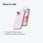 Contenu du colis – Coque Pour iPhone 15 Silicone Rose + 2 Verres Trempes