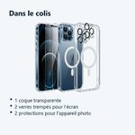 Contenu du colis – Coque Silicone Transparente Compatible Magsafe + Verres Trempes et Protections Camera Arriere X2 Pour iPho