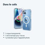 Contenu du colis – Coque Silicone Transparente Compatible Magsafe + Verre Trempes et Protection Camera Arriere Pour iPhone 13