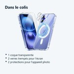 Contenu du colis – Coque Silicone Transparente Compatible Magsafe + Verres Trempes et Protections Camera Arriere X2 Pour iPho