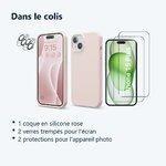 Contenu du colis – Coque Silicone Rose + Verres Trempes et Protections Camera Arriere X2 Pour iPhone 15 Plus