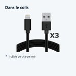 Contenu du colis – Cable Nylon Renforce Longeur 2M Couleur Noir X3 Pour iPhone SE 2020 / X / Xr / 11 / 12
