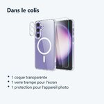 Contenu du colis – Coque Silicone Transparente Compatible Magsafe + Verre Trempes et Protection Camera Arriere Transparent Po