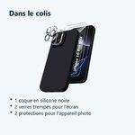 Contenu du colis – Coque Silicone Noir + Verres Trempes et Protections Camera Arriere X2 Pour iPhone 16 Pro Max