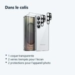 Contenu du colis – Coque Silicone Transparente + Verres Trempes et Protections Camera Arriere Transparent X2 Pour Samsung Gal