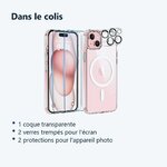 Contenu du colis – Coque Silicone Transparente Compatible Magsafe + Verres Trempes et Protections Camera Arriere X2 Pour iPho