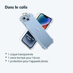 Contenu du colis – Coque Silicone Transparente Angles Renforces + Verre Trempe et Protection Camera Arriere Pour iPhone 14 Pl