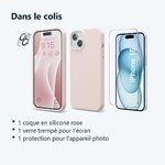 Contenu du colis – Coque Silicone Rose + Verre Trempe et Protection Camera Arriere Pour iPhone 15
