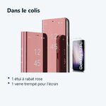 Contenu du colis – Coque Folio Rabat Miroir Pour Samsung Galaxy S23 Plus Couleur Rose + Verre Trempe Protection Ecran